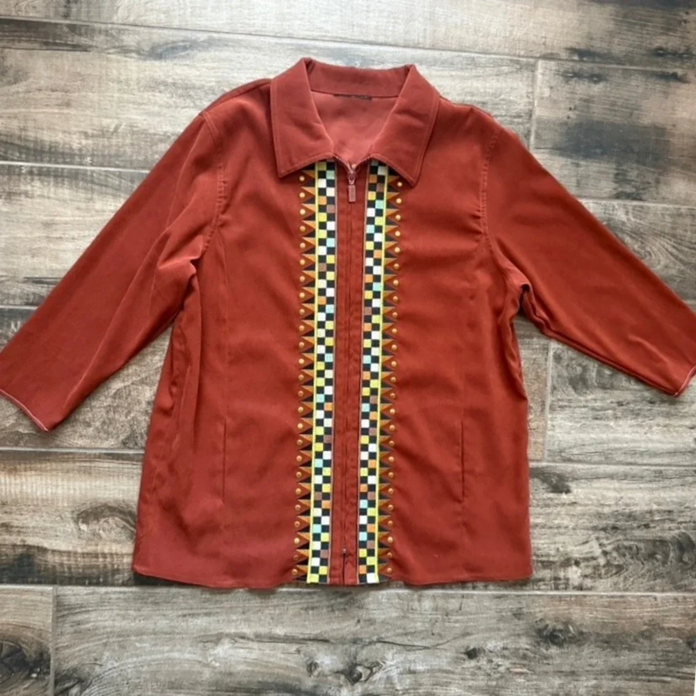 Bob Mackie Wearable Art Vintage Womens Horse Embroidered Zip Up Jacket, Rust, L